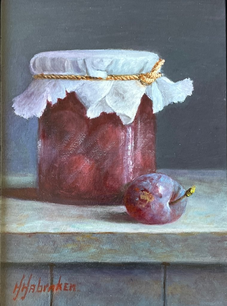 Schilderij pruimen in een weckpot. Hans Habraken., Ingelijst, Paneel, Realistisch, Stilleven