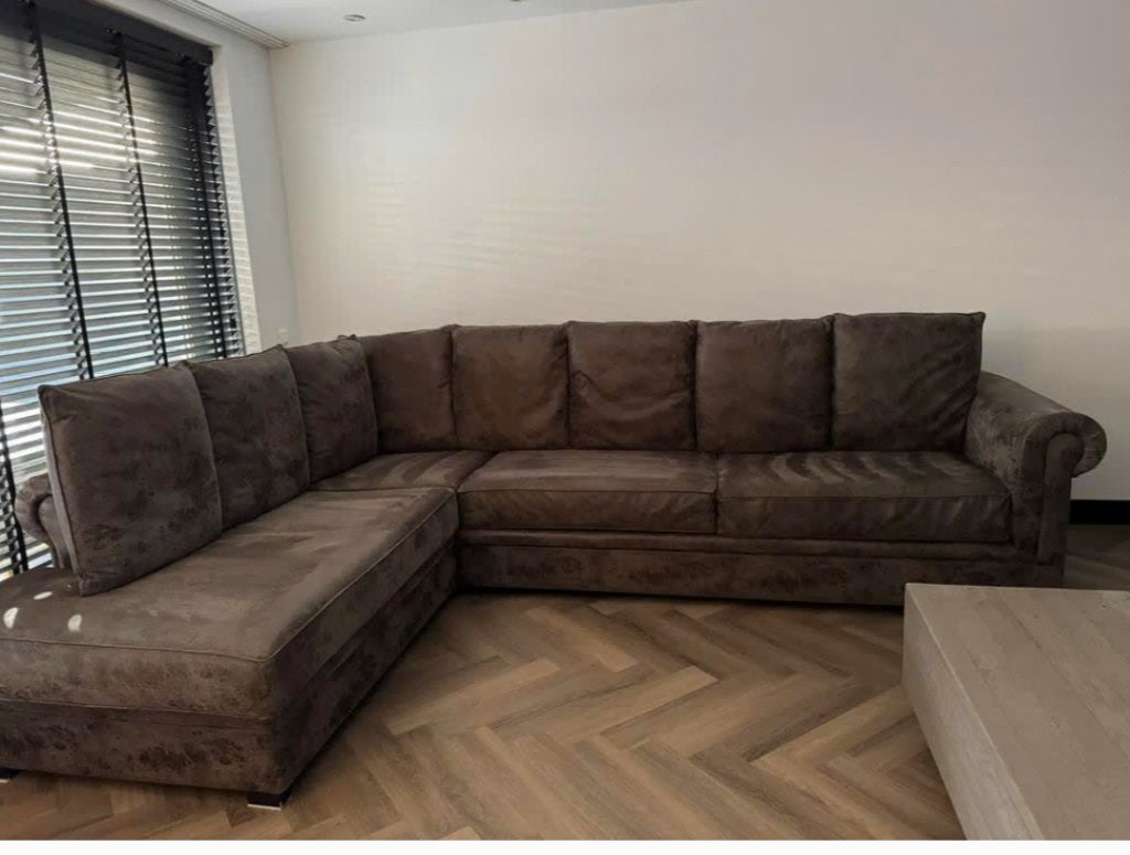 Luxe fluwelen/lederen hoekbank - Zeer goede staat, Ophalen, Hoekbank, Zo goed als nieuw, 150 cm of meer