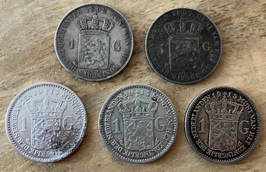Gulden 1892 + 1897 en 1913, 1914 en 1915 Wilhelmina, Ophalen, 1 gulden, Setje, Zilver