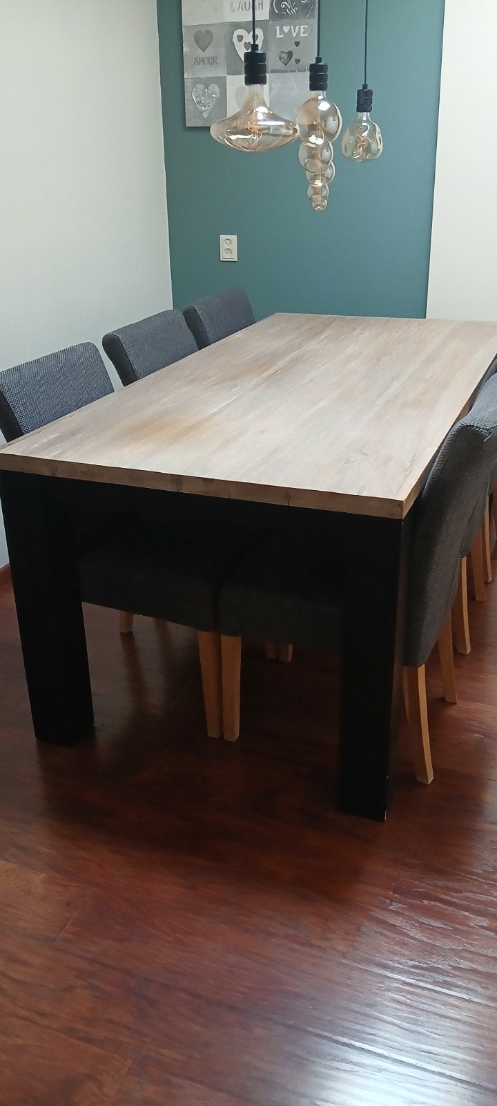 Houten eettafel (190x95 cm) met 6 grijze stoffen stoelen, Ophalen, Gebruikt, 50 tot 100 cm, Vijf personen of meer