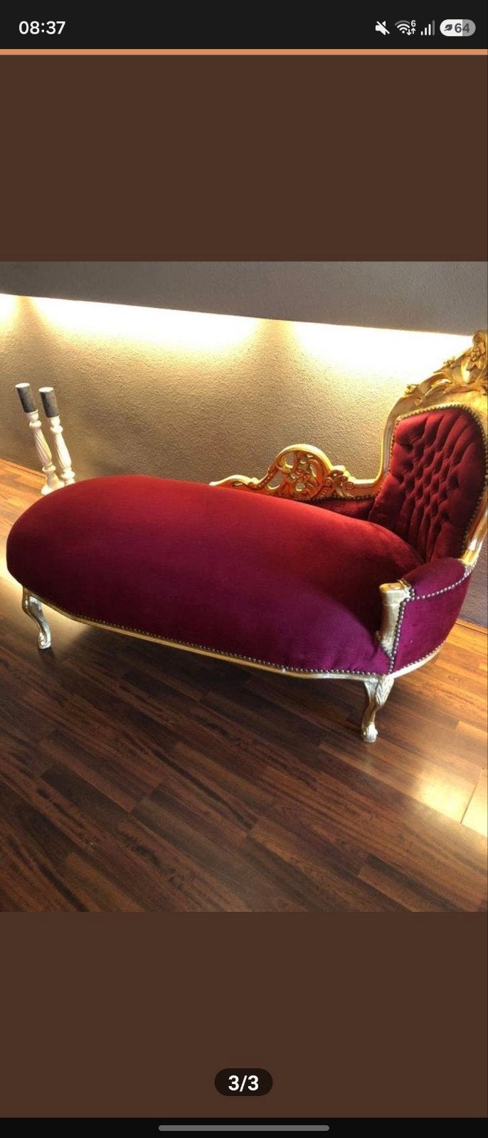 Luxe Barok Chaise Longue - Bordeauxrood met Goudkleurig Hout, Huis en Inrichting, Barok, Eenpersoons, 75 tot 100 cm, Ophalen of Verzenden