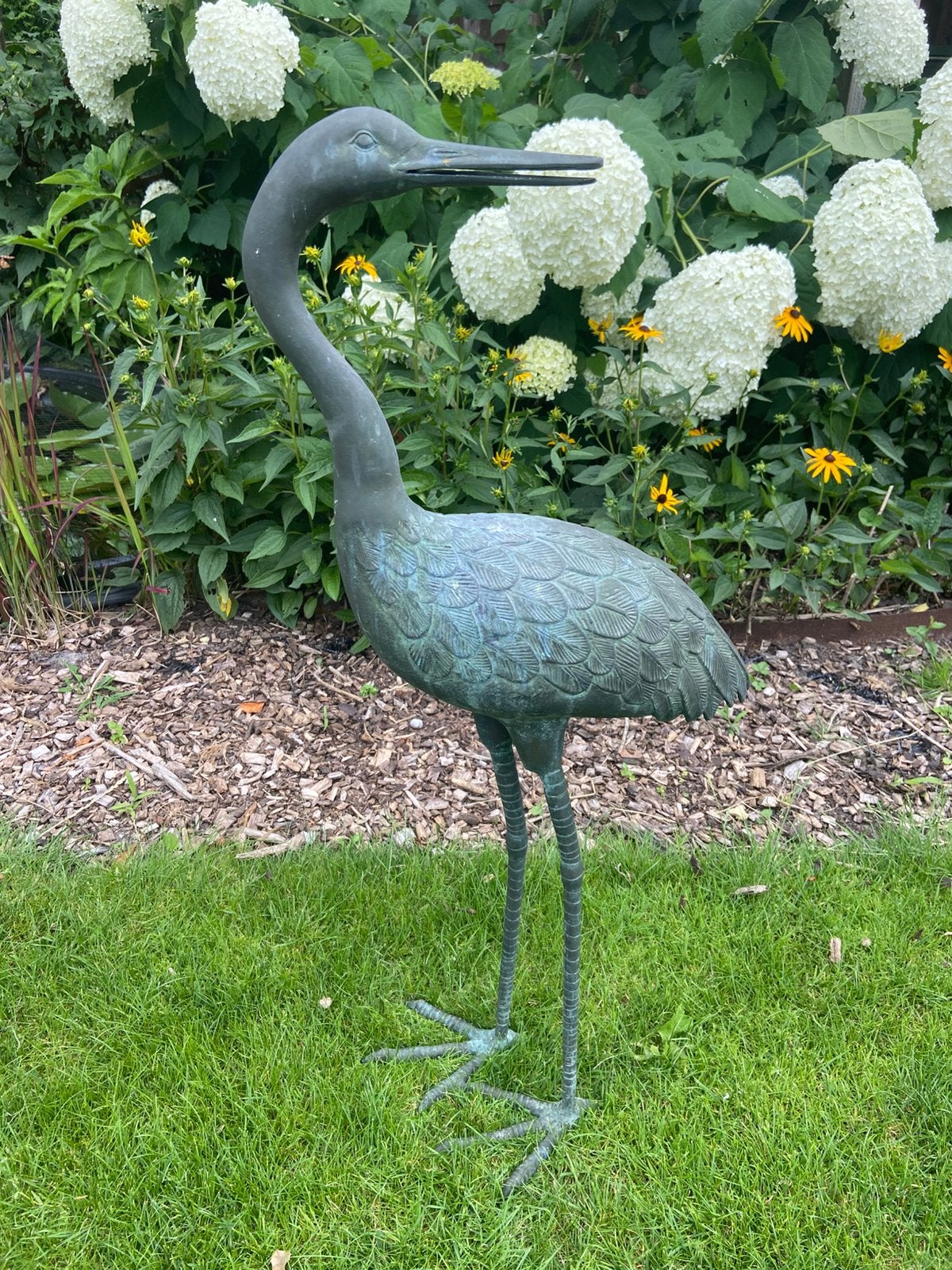 Bronzen reiger, tuinbeeld, dierenbeeld., Tuin en Terras, Tuinbeelden, Ophalen of Verzenden, Zo goed als nieuw, Overige materialen
