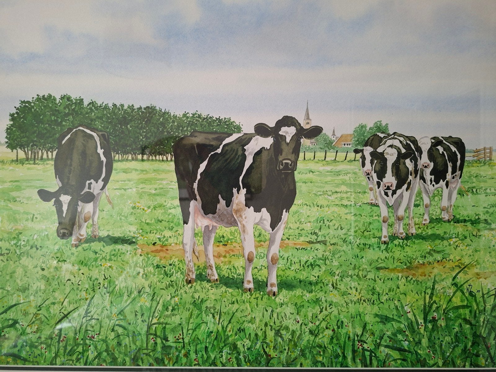 Origineel schilderij van Wiebe van der Zee, Ophalen, Aquarel, Dieren