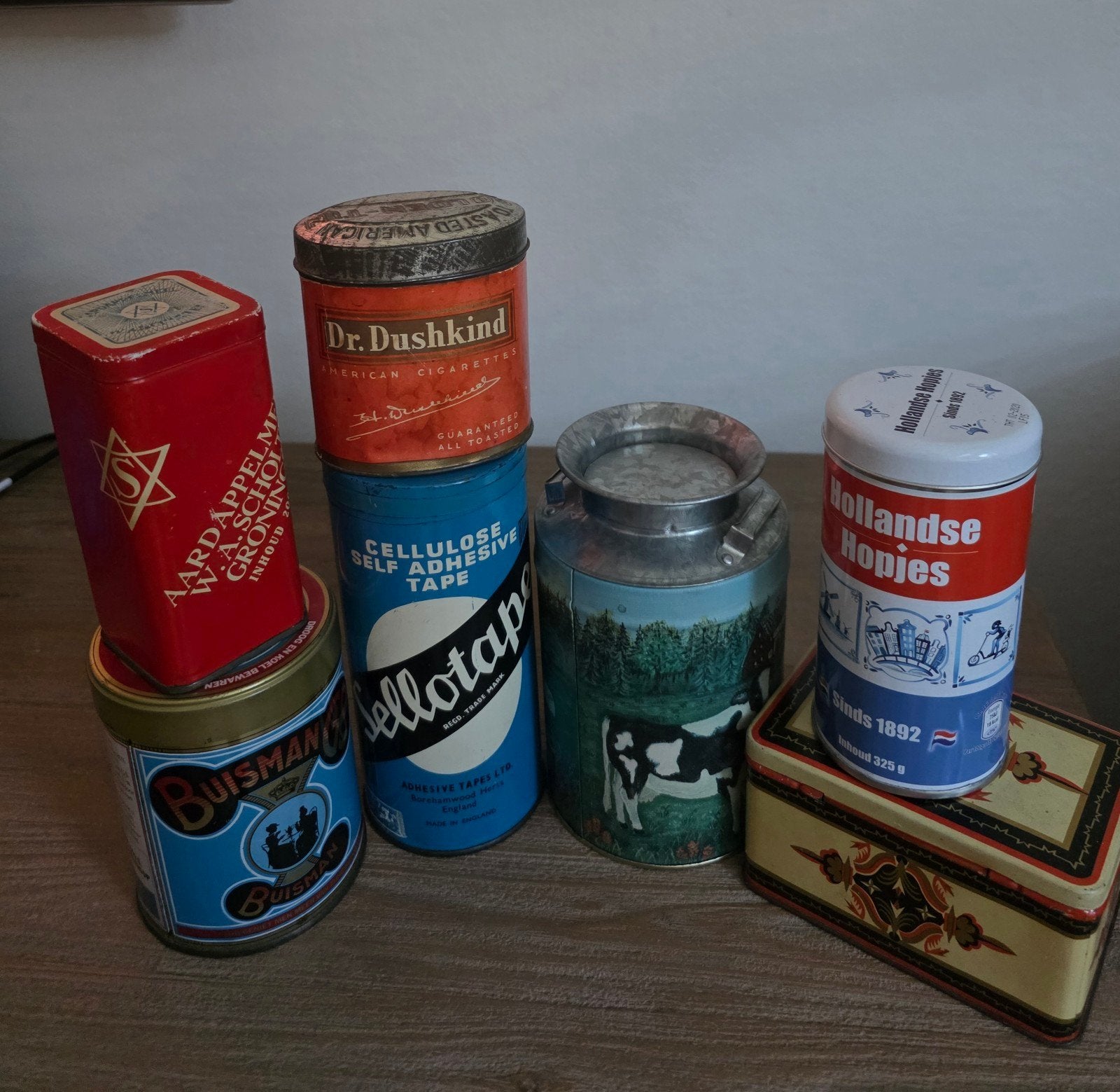 Vintage blikken collectie: Buisman, Dr. Dushkind, sellotape, Ophalen of Verzenden, Gebruikt, Overige, Overige merken