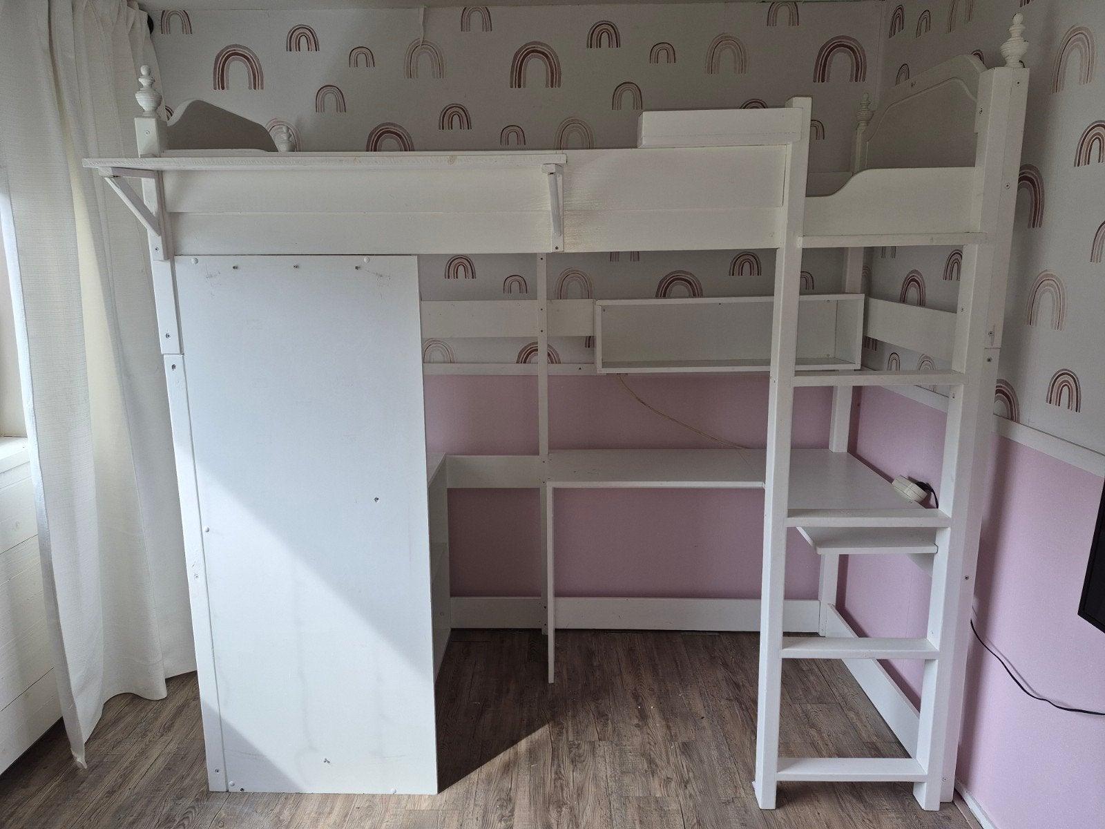 Witte hoogslaper met bureau en opbergruimte, Ophalen, Gebruikt, Eenpersoons, 200 cm