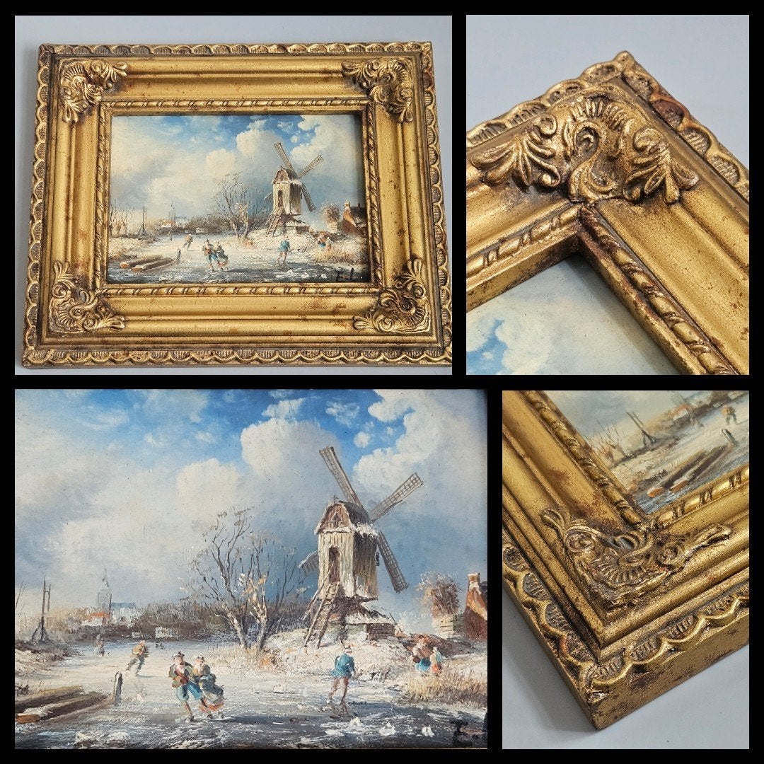 Antiek schilderij,  olieverf op paneel,  winterlandschap., Paneel, Ophalen of Verzenden, Bijzondere lijst, Landschap