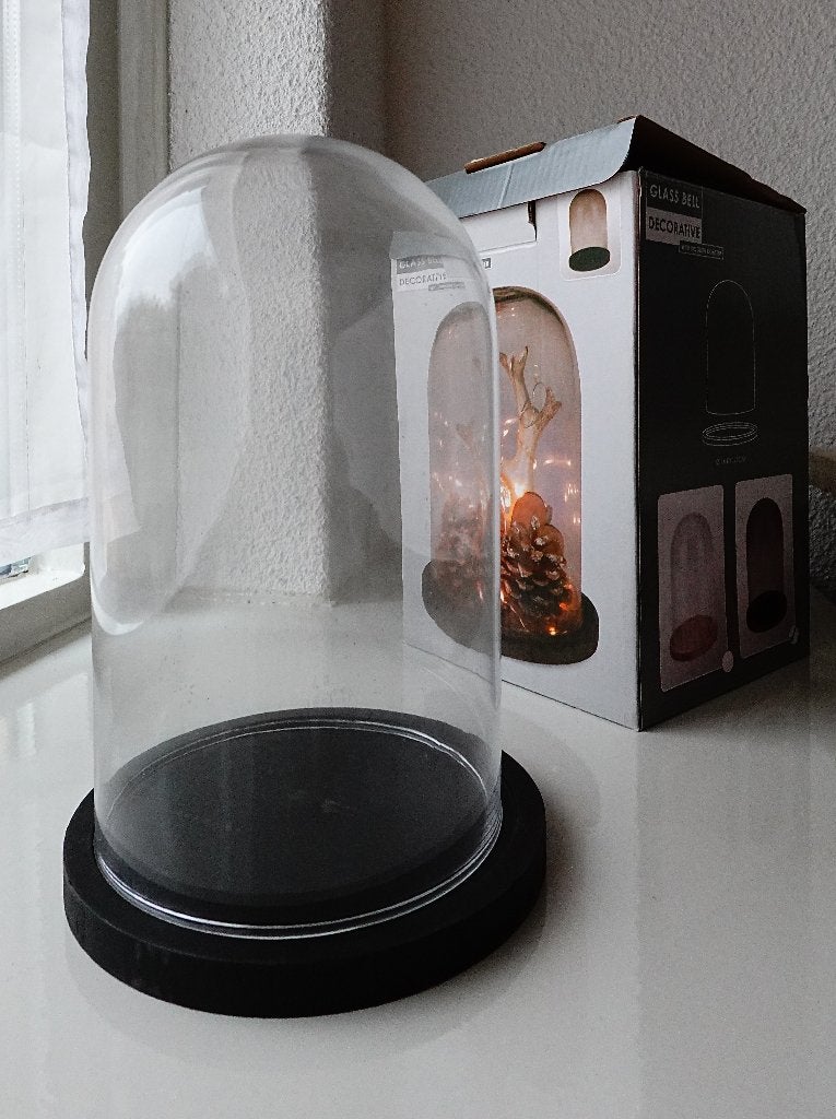 Glazen stolp met zwarte houten basis, 14 cm, Ophalen of Verzenden, Zo goed als nieuw, Met plateau