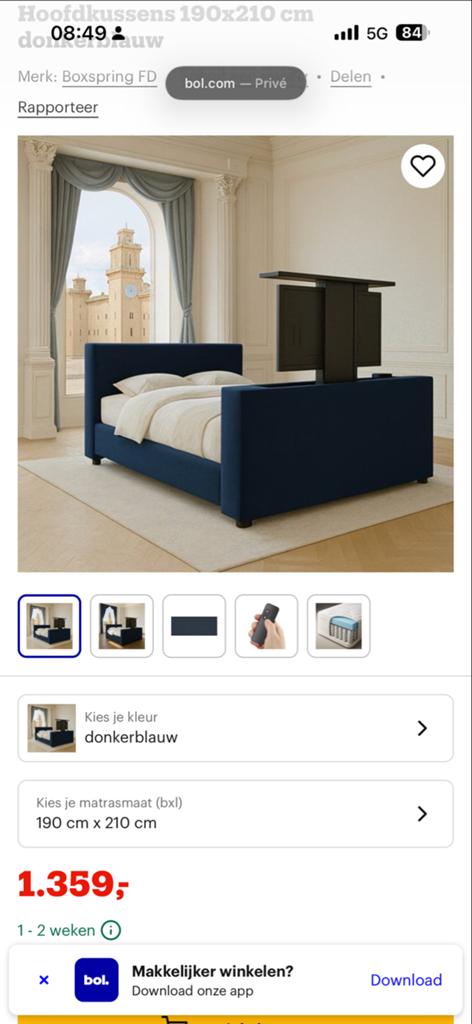 Boxspring bed met TV-lift, donkerblauw,, Huis en Inrichting, Slaapkamer | Bedden, Blauw, 210 cm, Tweepersoons, Ophalen of Verzenden