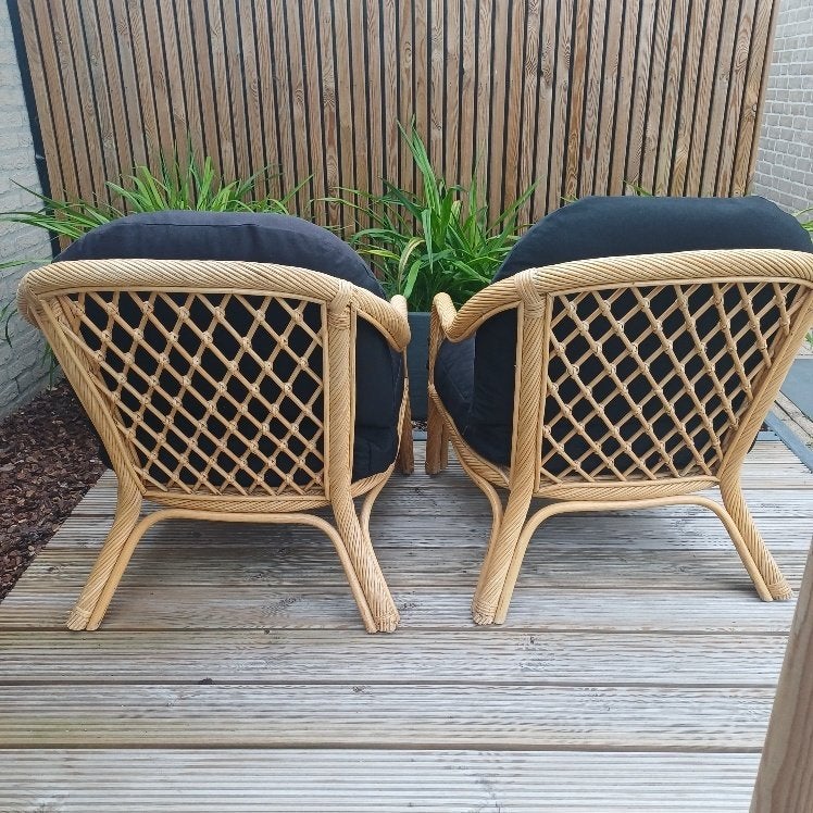 2 rotan fauteuils, incl. kussens, Tuin en Terras, Tuinstoelen, Ophalen, Gebruikt, Rotan