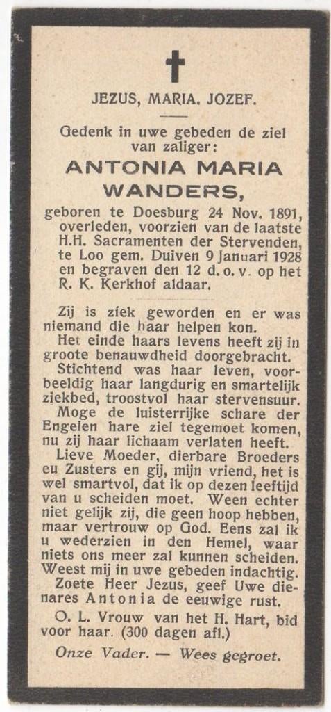 Antonia Maria Wanders 1891 Doesburg + 1928 Duiven, 36 jaar, Verzenden