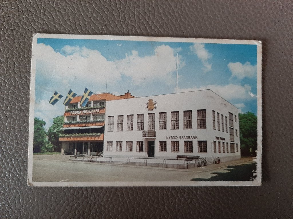 Stadhuis en Stora Hotel, Nybro Spaarbank, Zweden, gelopen, Verzenden, 1940 tot 1960, Gelopen, Gebouw