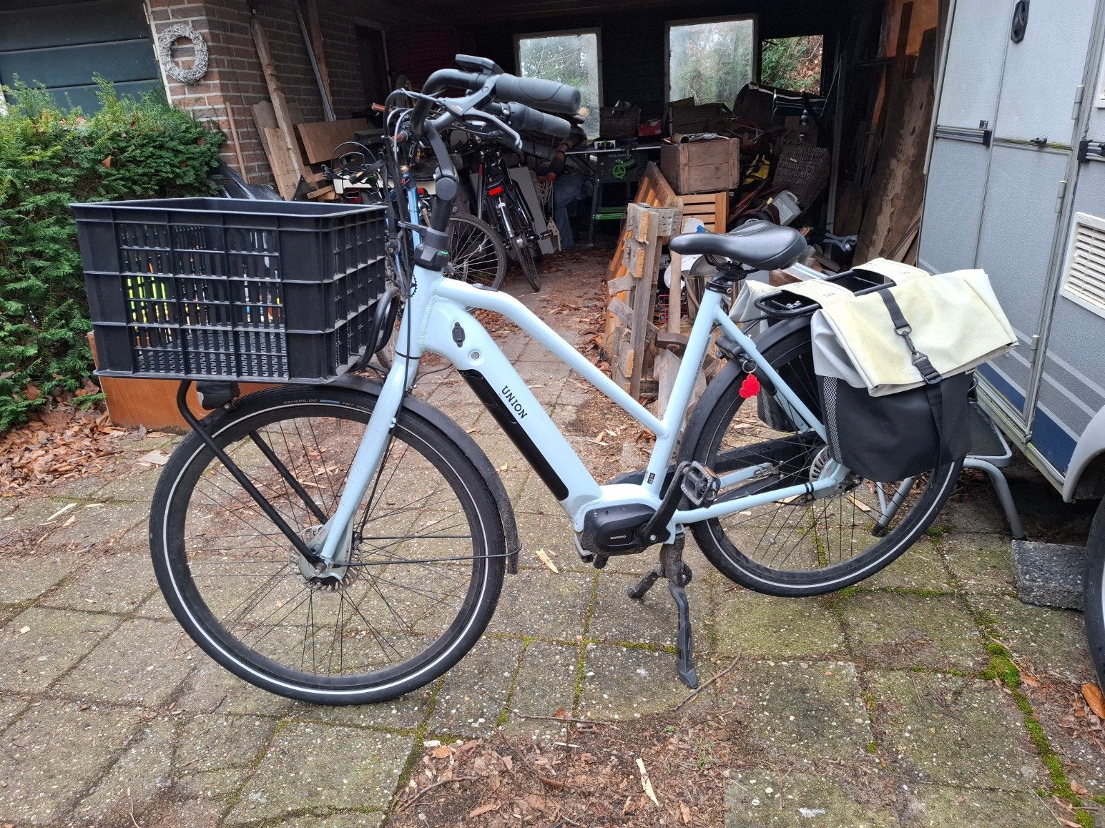 Union E-bike met Shimano accu, firtstassen en mand, Fietsen en Brommers, Elektrische fietsen, Overige merken, Gebruikt, Ophalen of Verzenden