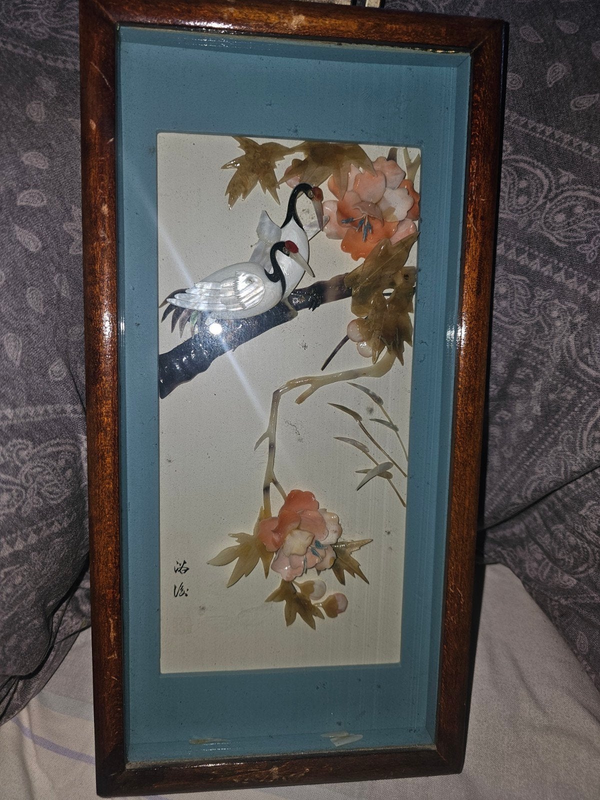 Ingelijste Chinese wanddecoratie met kraanvogels en bloemen, Wanddecoratie, Natuurlijk materiaal, Ophalen of Verzenden, China