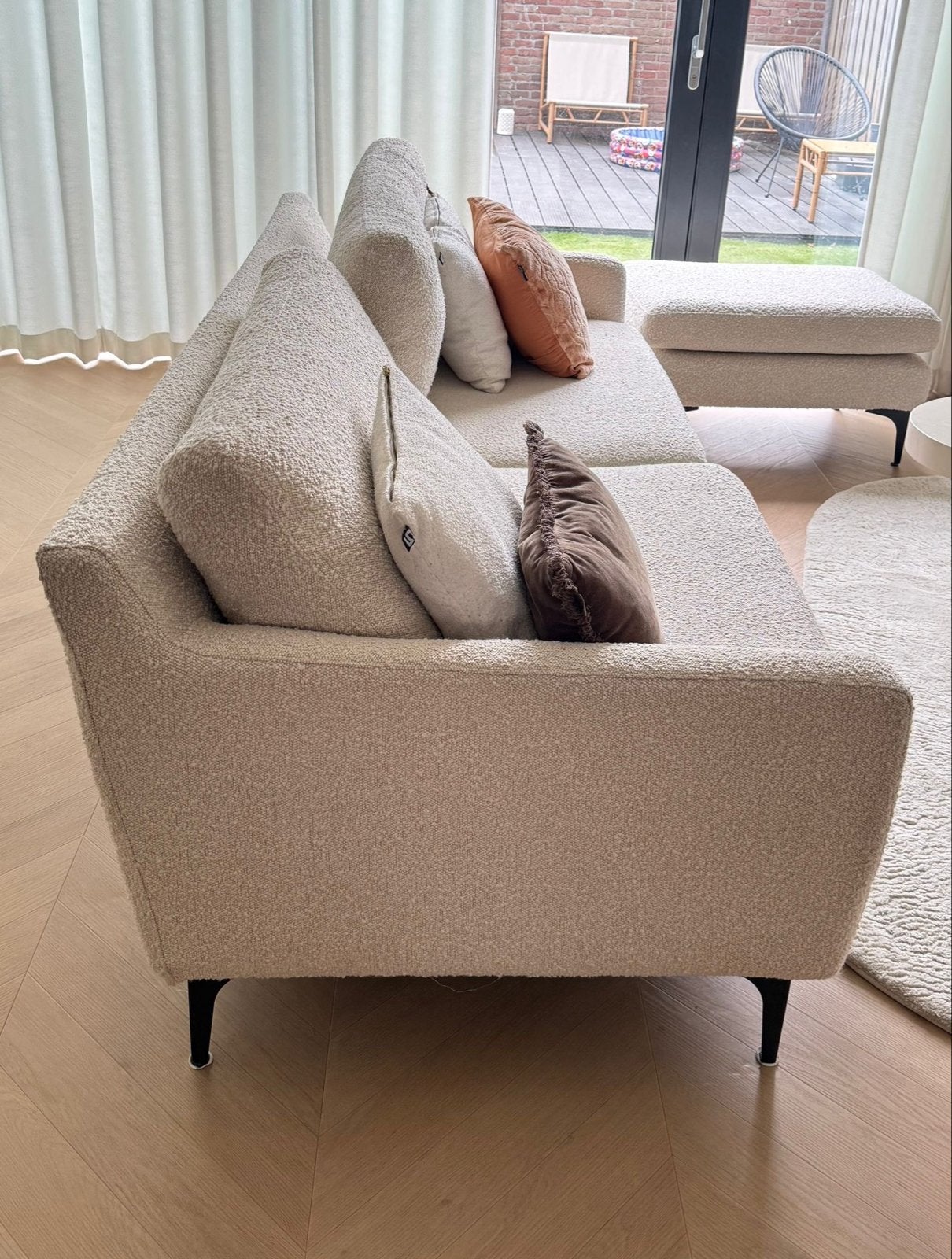 Boucle beige 3-zits bank, Ophalen, Driepersoons, 75 tot 100 cm, Zo goed als nieuw