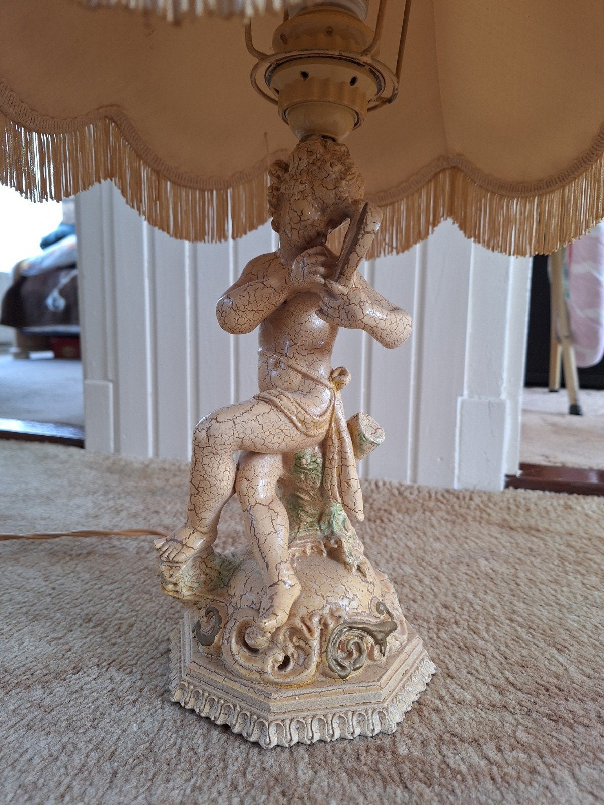 Vintage tafellamp met cherubijn en franjes, 63  cm hoog, Ophalen of Verzenden