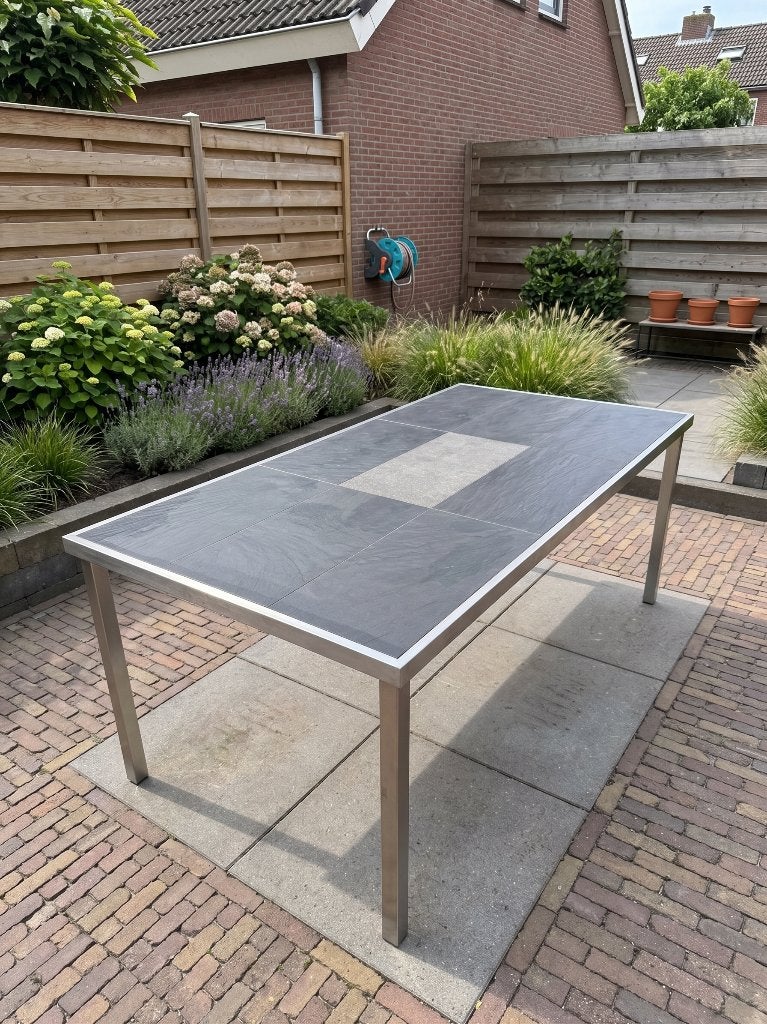 Aluminium tuintafel met stenen blad, Ophalen, Gebruikt, Rechthoekig, Aluminium