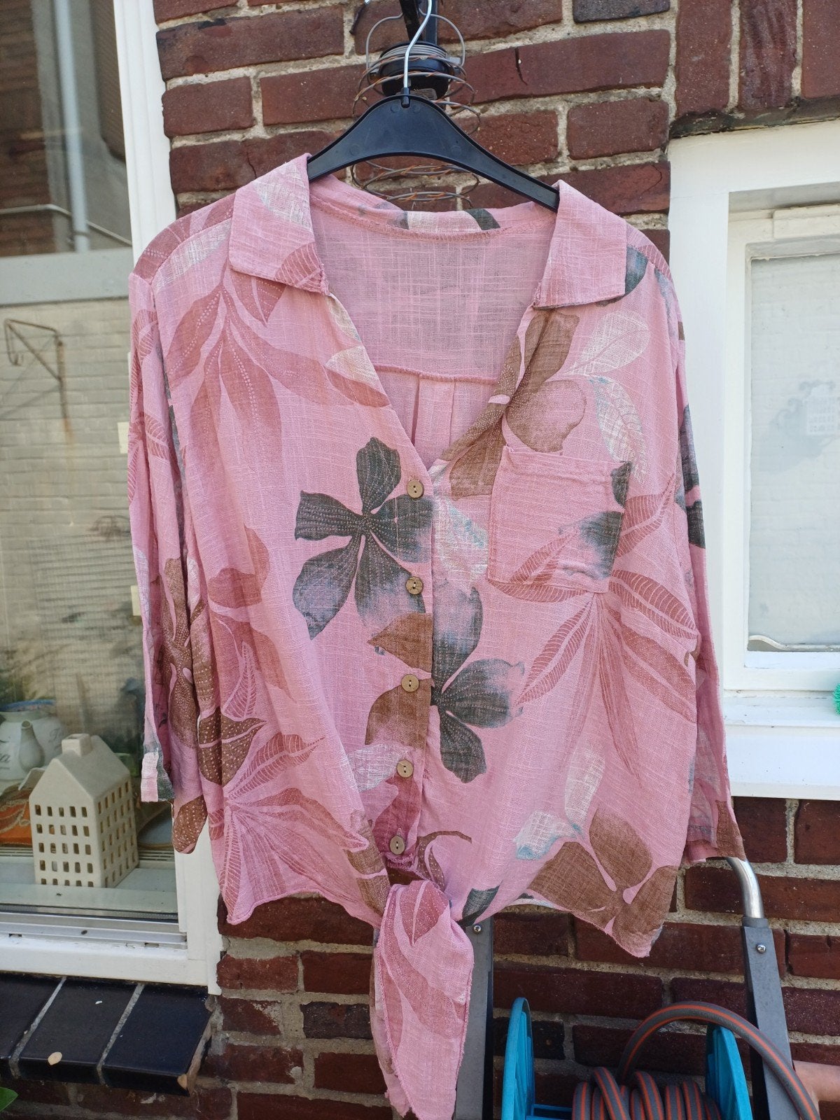 Roze katoenen blouse met bladprint - Maat M, Kleding | Dames, Ophalen of Verzenden, Gedragen, Maat 38/40 (M), Roze