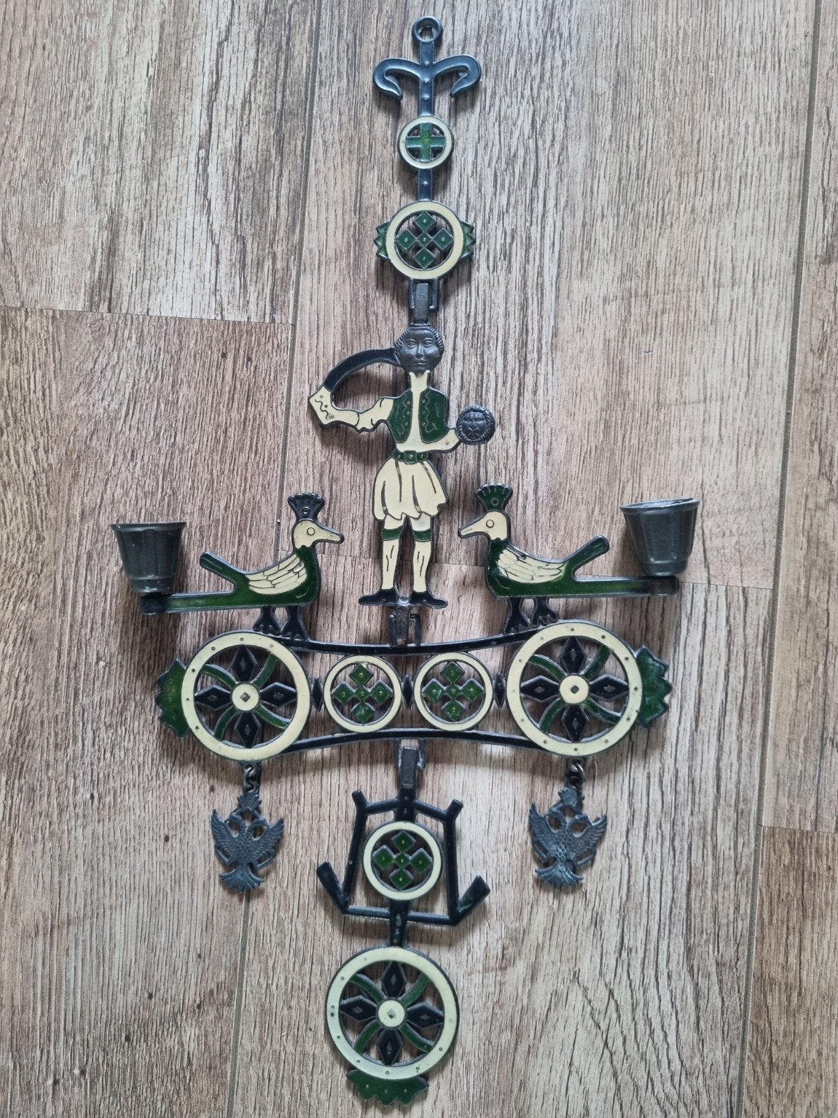 Antieke koperen wandkandelaar met figuur en vogels, Antiek en Kunst, Ophalen of Verzenden
