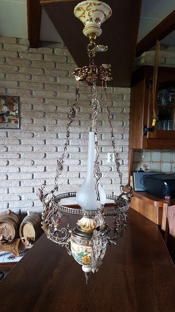 Antieke olie lamp, fraai gedecoreerd, 107 cm hoog, Ophalen of Verzenden