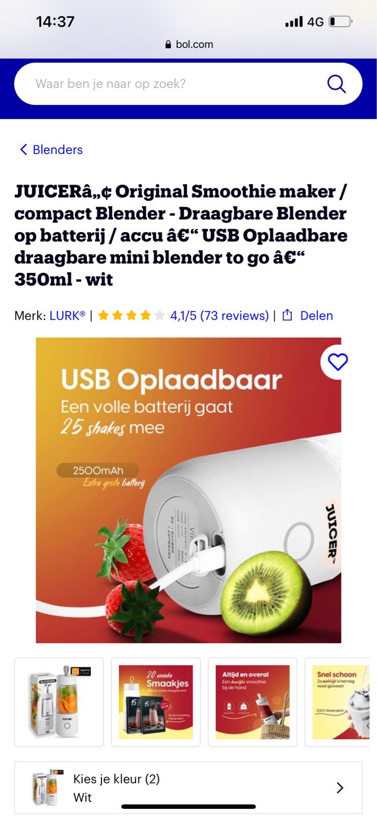 JUICER Draagbare Blender - Smoothie Maker - 350ml - Wit, Ophalen of Verzenden, Nieuw, Blender to go