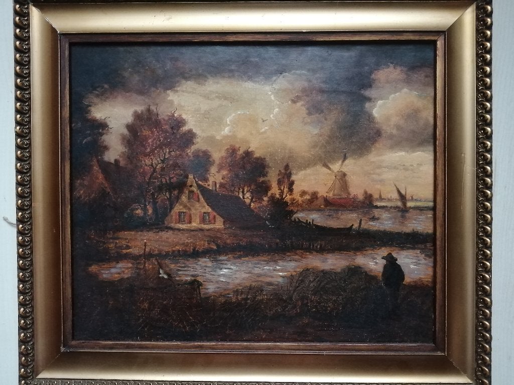 olieverfschilderij, school Aert van der Neer, 17e eeuw, Antiek en Kunst, Kunst | Schilderijen | Klassiek, Nederlandse school, Doek