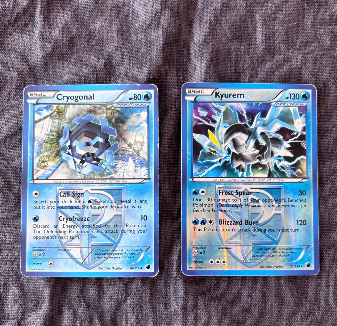Pokémon kaarten: Cryogonal en Kyurem (Team Plasma), Ophalen of Verzenden, Gebruikt, Meerdere kaarten