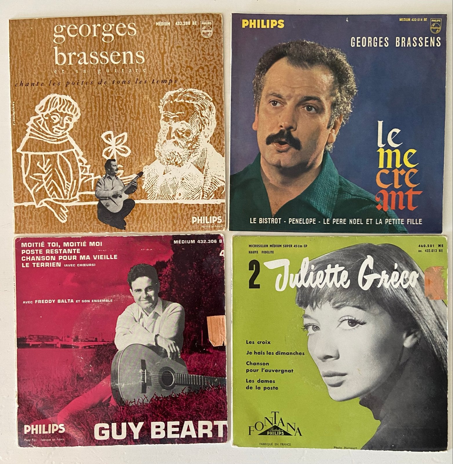 Vintage Franse EP's: Georges Brassens, Guy Béart, Juliette G, Ophalen of Verzenden, Gebruikt, EP