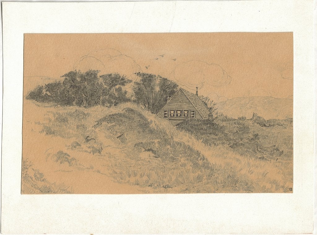 Mette Bauer potloodtekening "Huis in de Duinen", monogram, Antiek en Kunst, Kunst | Tekeningen en Foto's, Ophalen, Tekening, Potloodtekening