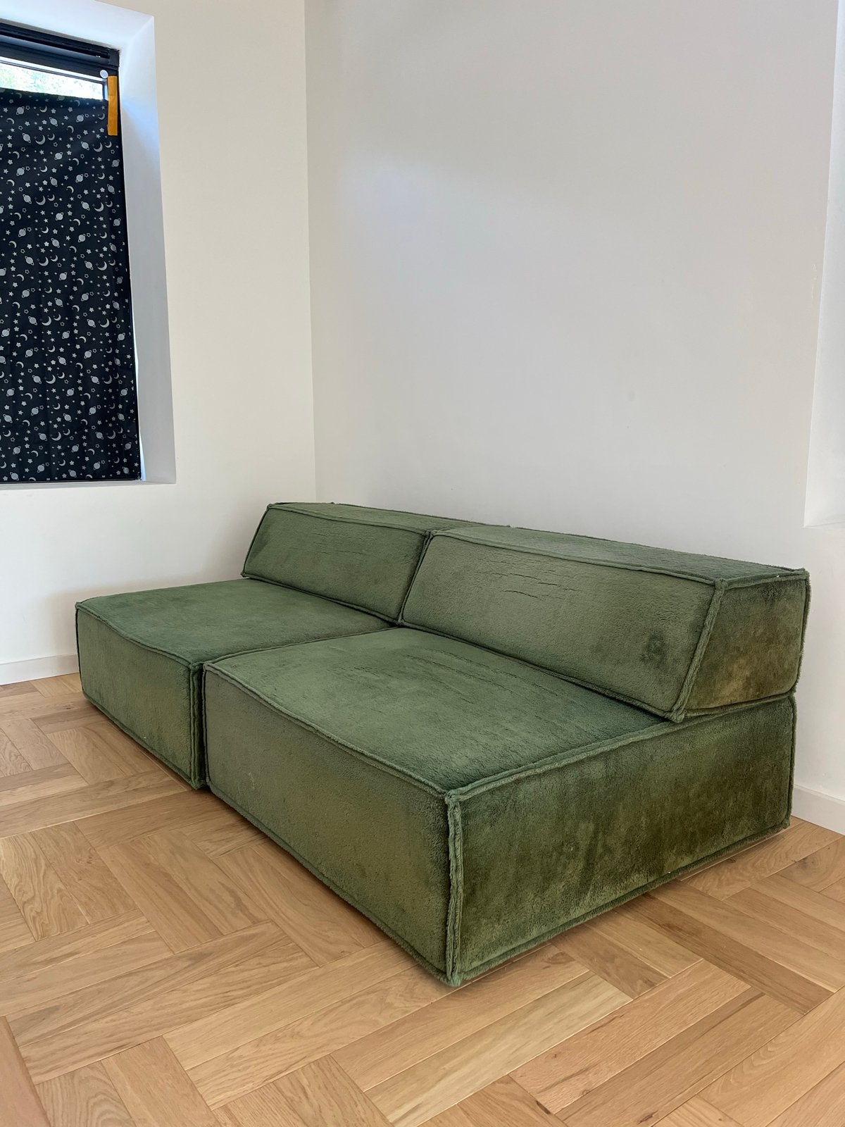 Vintage Cor Trio Zitbank - Olijfgroen Teddy Stof Jaren '70, Huis en Inrichting, Gebruikt, 150 tot 200 cm, Tweepersoons, 75 tot 100 cm