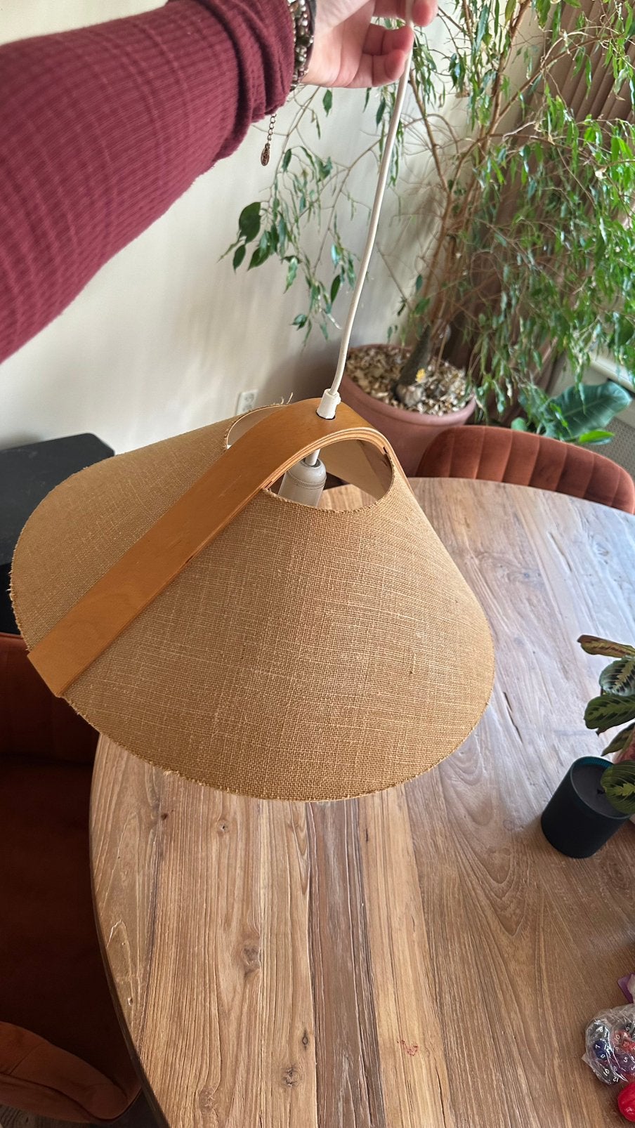 Vintage hanglamp hout & jute – Japandi / Boho, Ophalen of Verzenden, Zo goed als nieuw, Beige, Rond