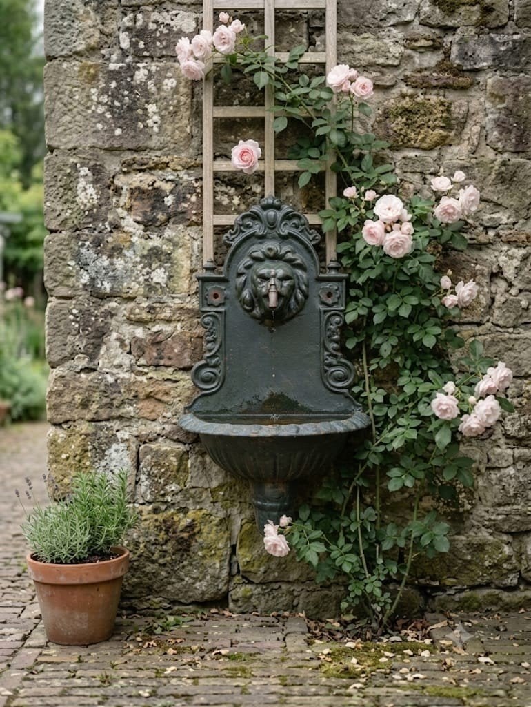 Oude originele gietijzeren fontein met leeuwenkop, Tuin en Terras, Ophalen of Verzenden, Gebruikt, Gietijzer, Fontein