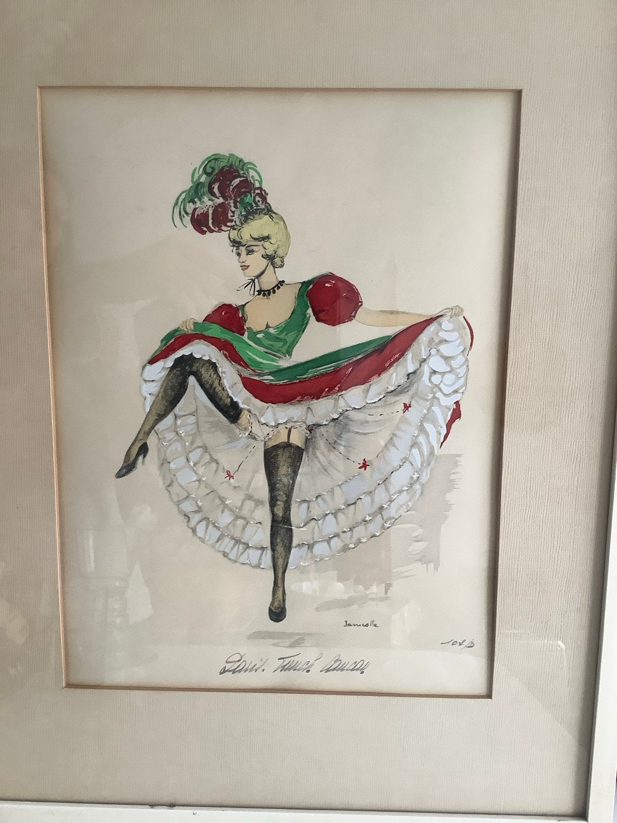 Can-Can danseres aquarel, gesigneerd 'Jamirolle', Gedateerd, Portret of Personen, Realistisch, Ophalen of Verzenden