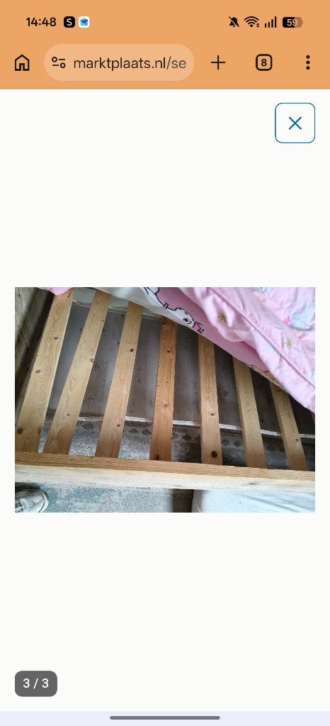 Bed stijgerhout, Ophalen, 85 tot 100 cm, Zo goed als nieuw, Lattenbodem