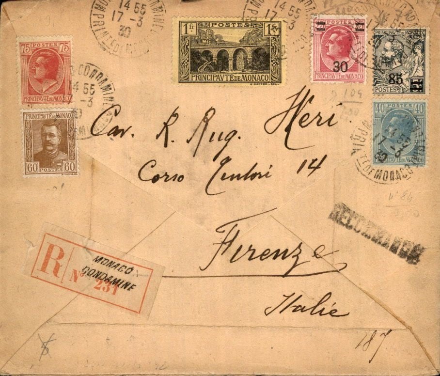 Monaco - Italië - Frankering - Aangetekend - 1930, Postzegels en Munten, Brieven en Enveloppen | Buitenland, Verzenden, Envelop