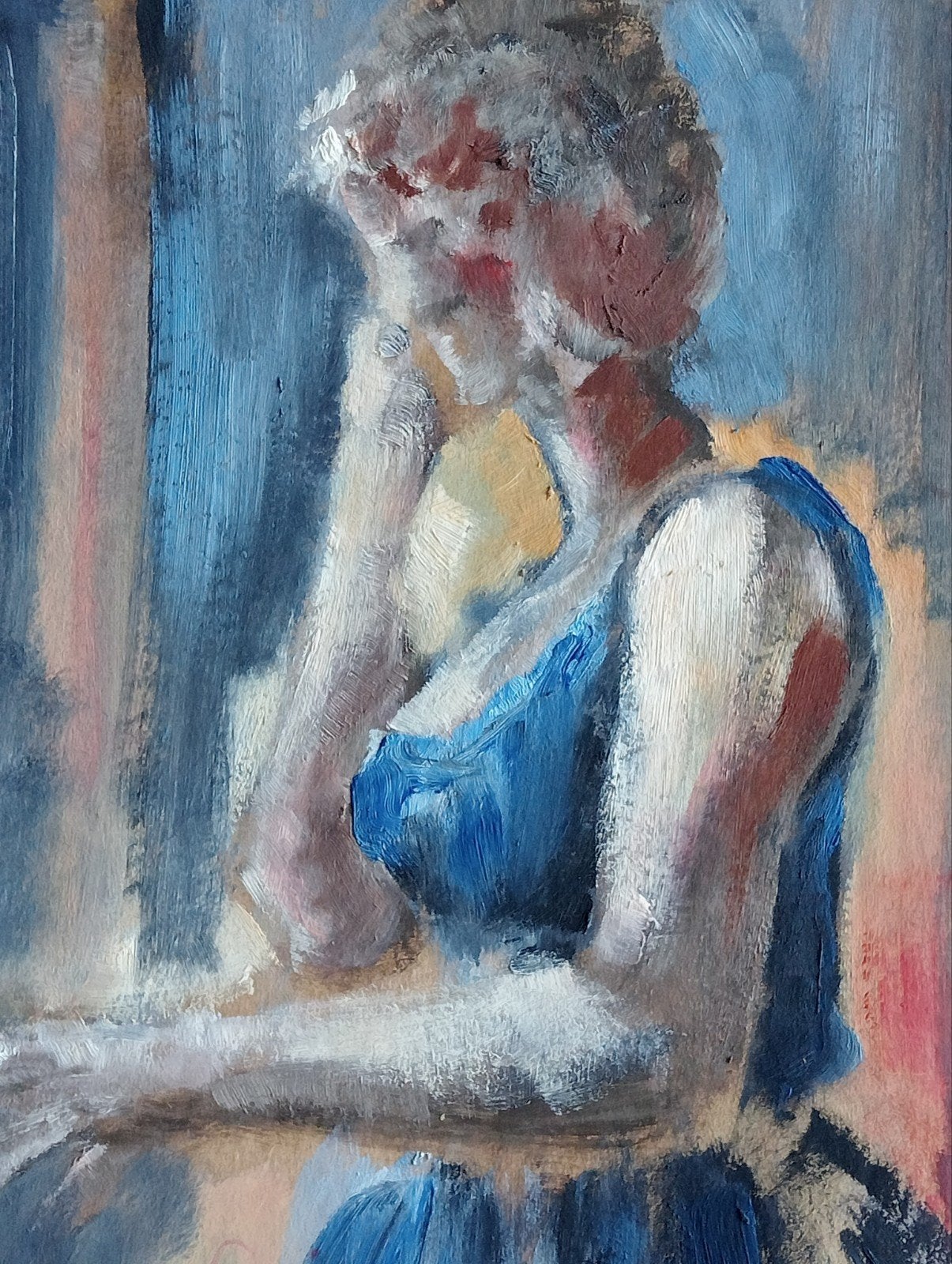 Vrouw in blauwe jurk verf op papier jaren 90, Ophalen of Verzenden
