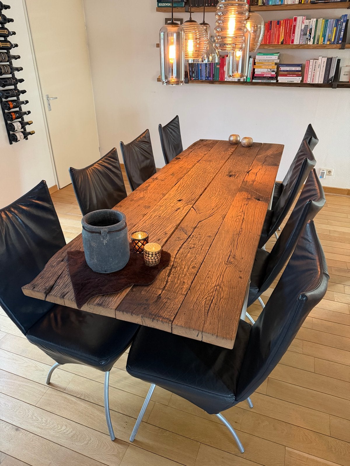 Eettafel 240x79 van oud eikenhout+8 stoelen, Ophalen, 100 tot 150 cm, Eikenhout, 200 cm of meer