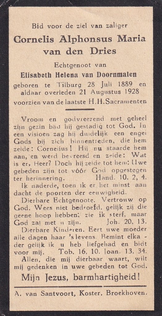Dries Cornelis 1889 Tilburg 1928, Ophalen of Verzenden, Bidprentje