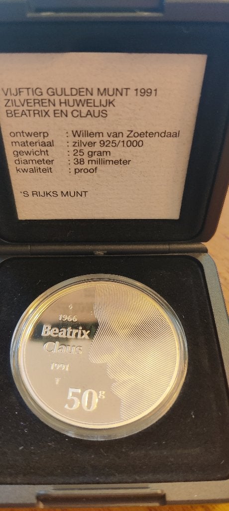 Zilveren Huwelijksmunt 50 Gulden Beatrix en Claus 1991, Postzegels en Munten, Verzenden, Koningin Beatrix, Zilver, Losse munt