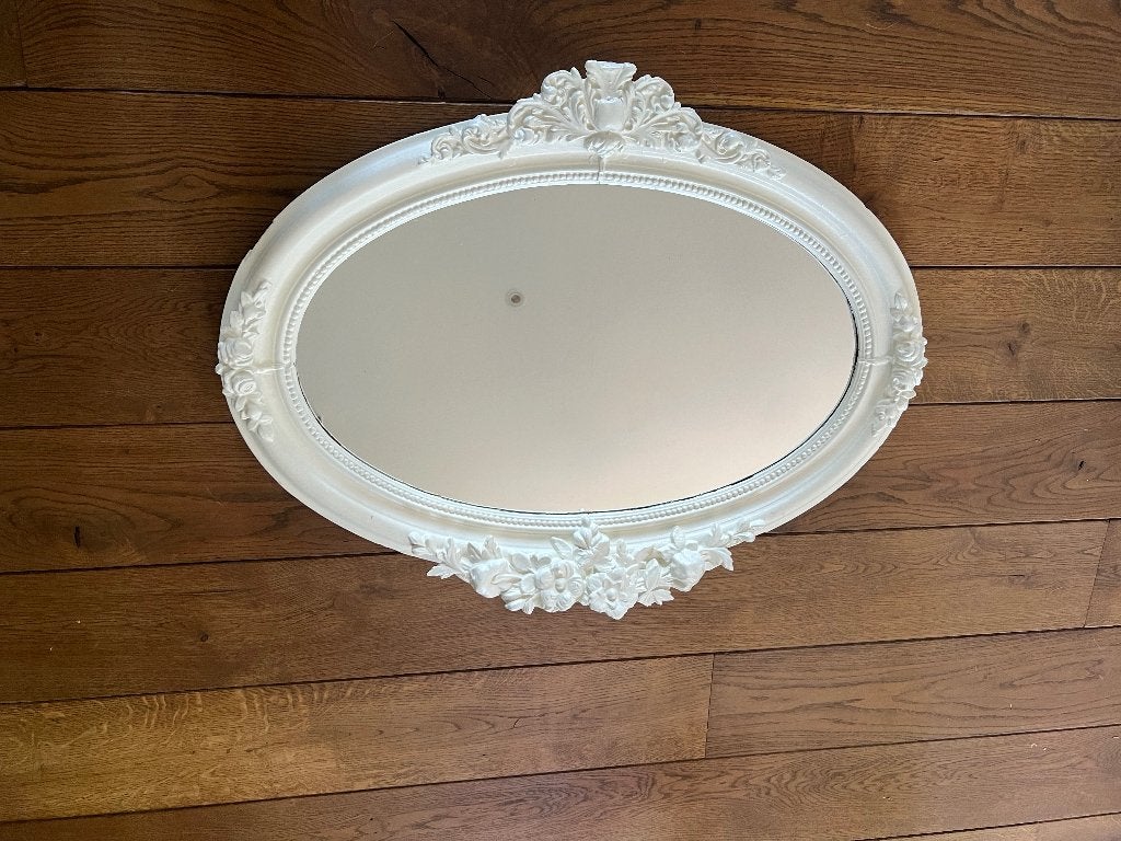 Antieke ronde Spiegel wit 80x60, Ophalen, Ovaal, 50 tot 100 cm, Minder dan 100 cm