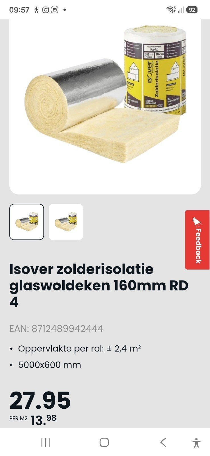 Rol isolatiemateriaal isover 160mm, Doe-het-zelf en Verbouw, Ophalen, Glaswol, 12 cm of meer, Minder dan 5 m²