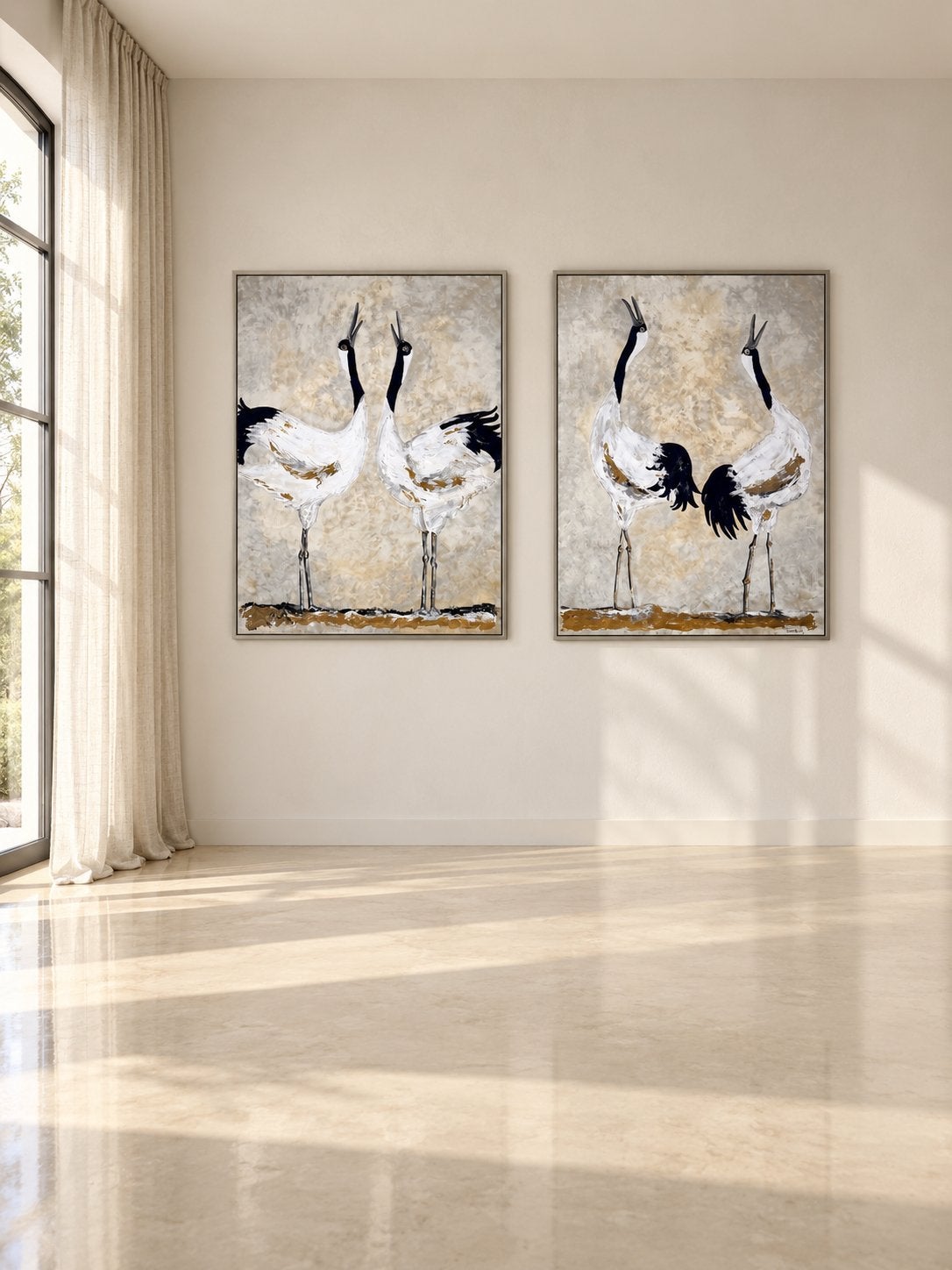 2 schilderijen groot xxl vogel taupe lijst kunst japandi, Antiek en Kunst, Ophalen