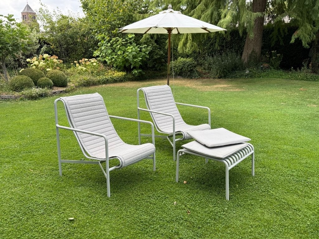 Hay Pallisade 2 Tuinstoelen en 1 voetenbank met kussens, Ophalen, Gebruikt, Metaal, Verstelbaar