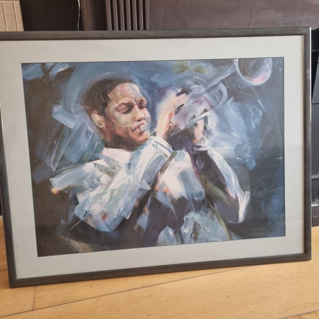 Schilderij van trompettist in lijst, Ophalen