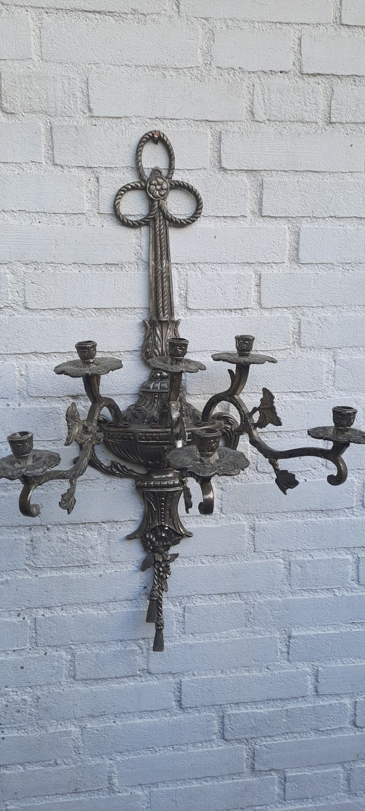 Antieke wandkandelaar met 6 armen, Ophalen of Verzenden, Koper of Brons