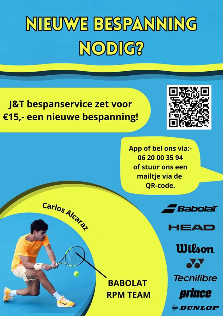 Bespanservice voor tennisrackets in Leerdam en omgeving, Sport en Fitness, Tennis, Ophalen, Nieuw, Grip of Snaar
