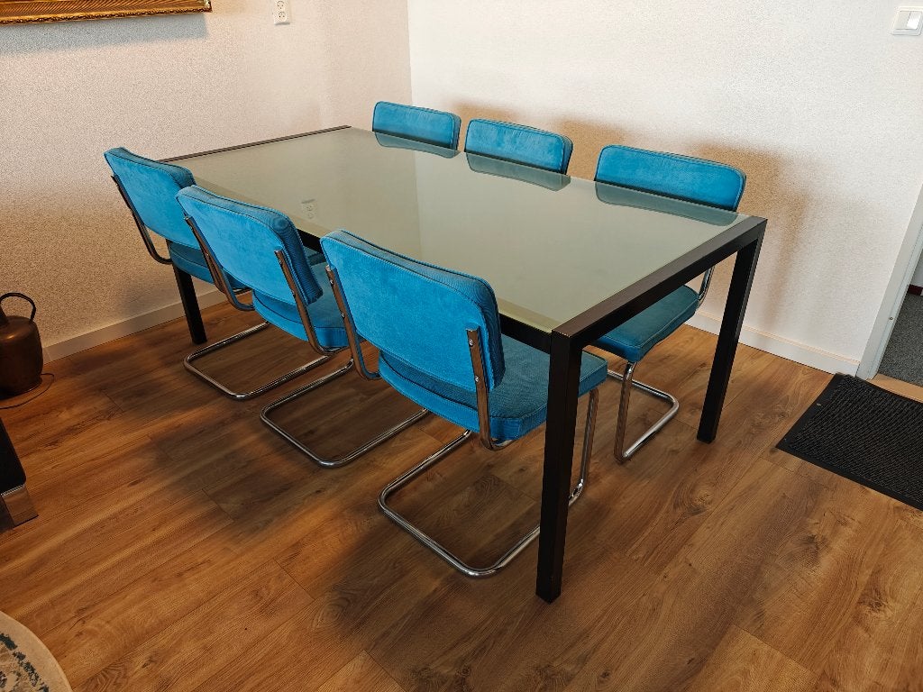 Metalen eetkamertafel (189.8 x 90 x 75 cm) (LxBxH), Gebruikt, Vijf personen of meer, Glas, 150 tot 200 cm
