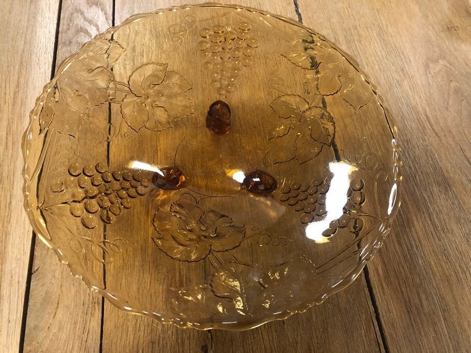 Vintage fruitschaal/ schaal van amberkleurig/ geel persglas, Ophalen of Verzenden