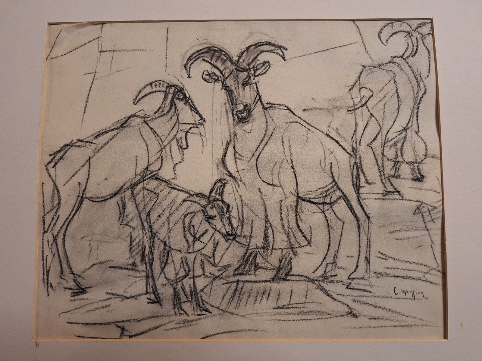 Tekening Steenbokken door C. Mension, Antiek en Kunst, Ophalen of Verzenden, Tekening, Houtskooltekening, Origineel