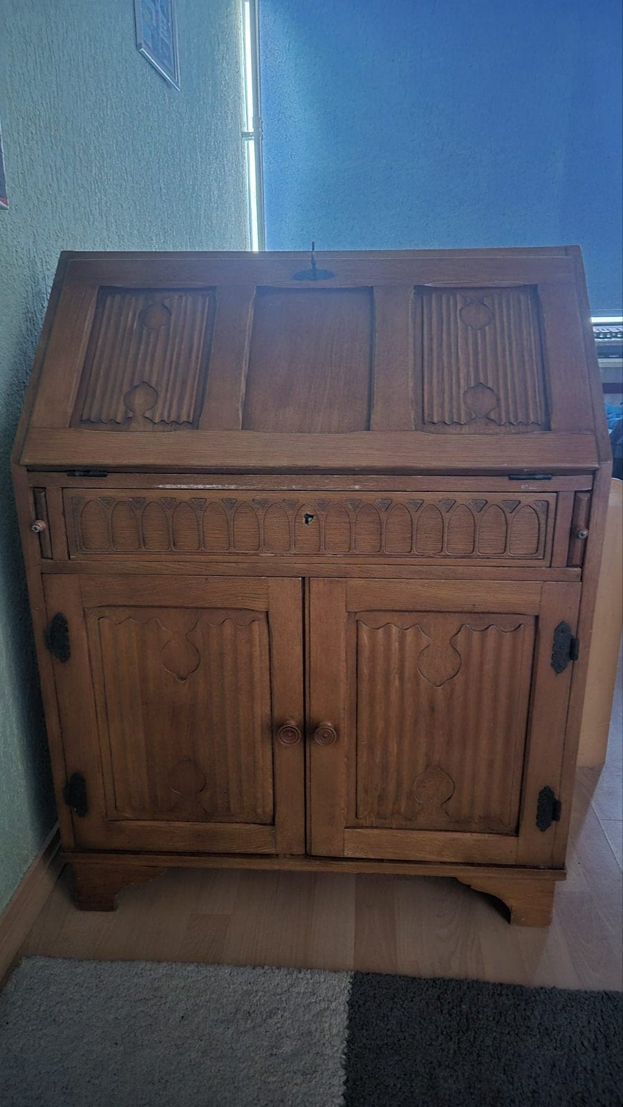 antieke vintage eikenhouten klepsecretaire, Ophalen, Gebruikt, Antiek