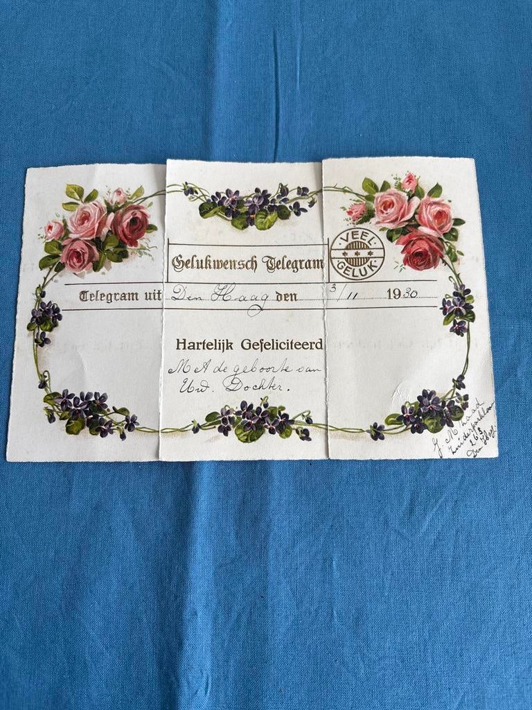 Vintage Gelukwensch Telegram Den Haag 1930 - Geboorte Dochte, Verzamelen, Ophalen of Verzenden, Voor 1970
